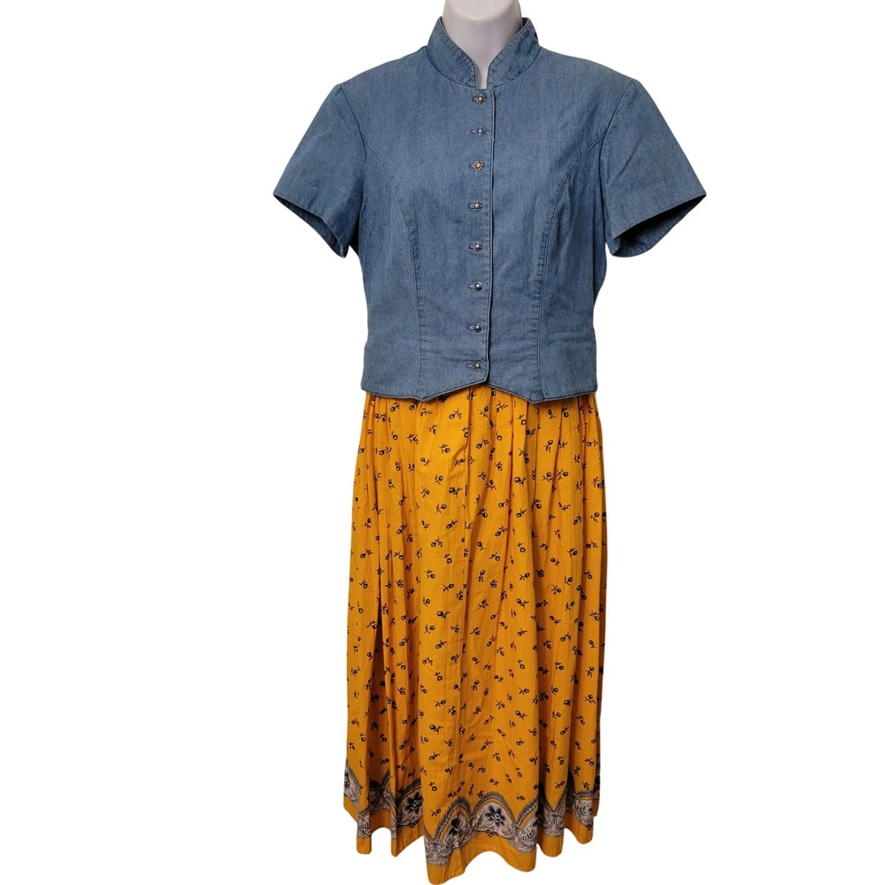 Vintage Denim Blue Jean Top Yellow Floral Skirt Maxi Dress 4 Cottagecore Prairie